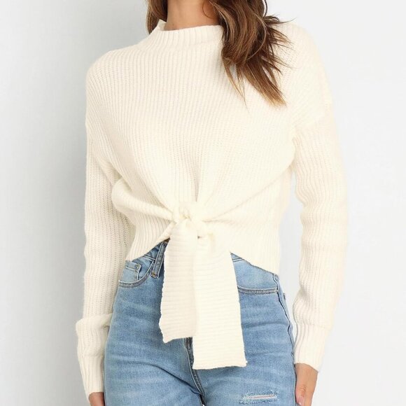 Women's Long Sleeve Cropped Sweaters Casual Knit Pullover Tie Front Crew Neck Fa - Picture 2 of 8